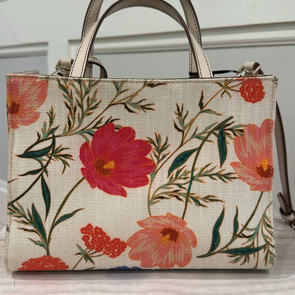 Kate Spade Bag Sam 25th Anniversary Cream Linen Floral Tote with Leather Trim - Picture 6 of 17